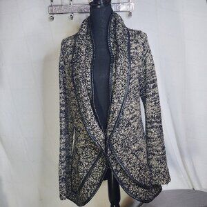 Sioni Black and Gray Boucle Trimmed in Faux Leather Chunky Sweater Cardigan Sz L